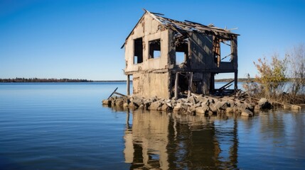 A photograph of a dilapidated, abandoned structure with water level markings clearly visible on its submerged walls, hinting at its past life by the water.