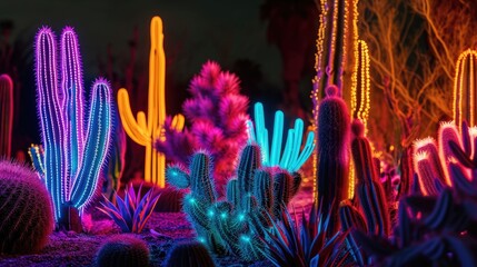 A neon cactus garden with each ly plant outlined in a different electric color - obrazy, fototapety, plakaty