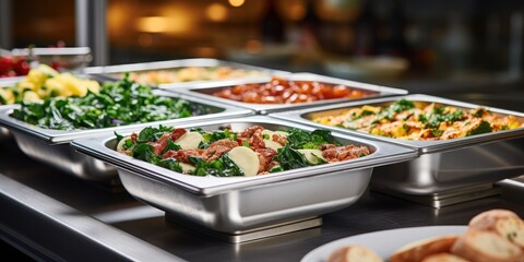 Hotel breakfast buffet with eggs and spinach in heating trays. - obrazy, fototapety, plakaty