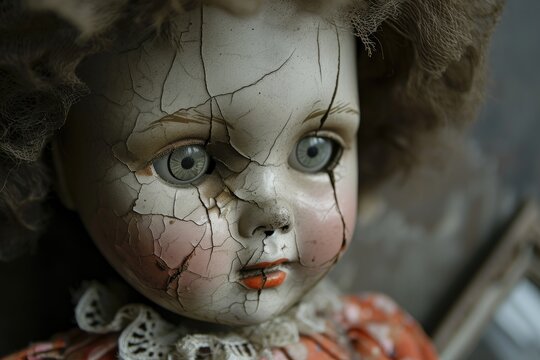 A haunted doll with cracked porcelain and a ghostly presence Old mystical scary horror doll