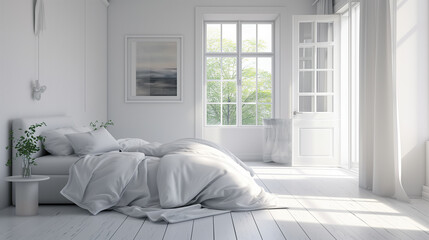 Fototapeta na wymiar 白色の内装のベッドルーム　インテリアイメージ