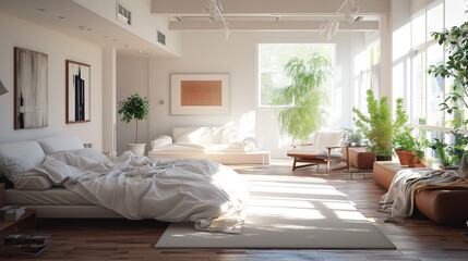 Fototapeta na wymiar 白色の内装のベッドルーム　インテリアイメージ