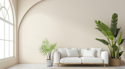 Fototapeta na wymiar Minimalist home interior design of modern living room. White sofa and potted houseplants against arched window near beige wall with copy space