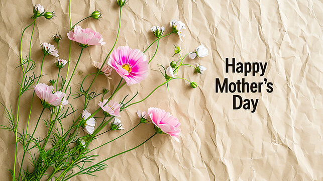 Mother's Day card image with pink flowers on brown paper background