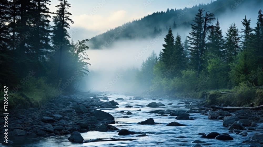 Poster dusks veil a dusky river, covered in a gauzy mist and creating a captivating and tranquil view.