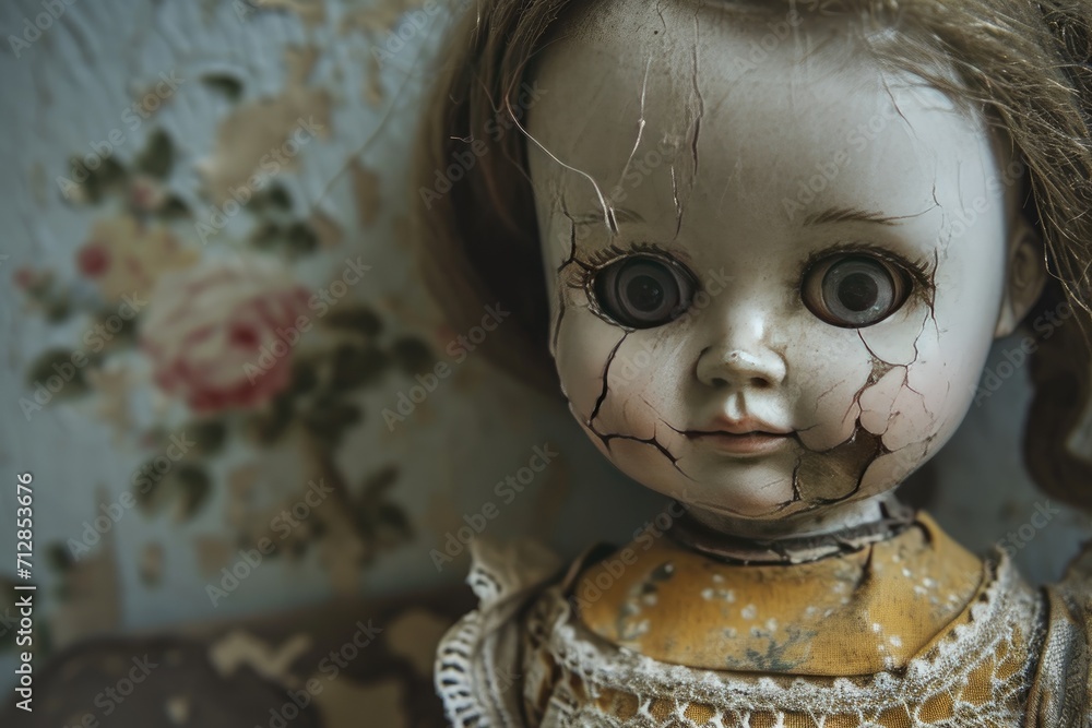 Wall mural A haunted doll with cracked porcelain and a ghostly presence Old mystical scary horror doll