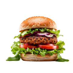 Isolated fresh beef burger on a white background, Single gourmet beef burger with toppings