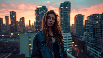 woman standing on the rooftop of a tall building with city skyline in the background - obrazy, fototapety, plakaty