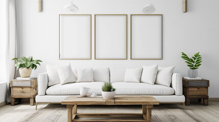 Fototapeta na wymiar Square coffee table near white sofa and rustic cabinets against white wall with blank poster frames with copy space. Japanese home interior design of modern living room