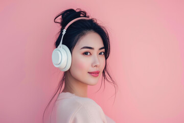 portrait of A beautiful  Asian woman wearing white headphones against a pink pastel background