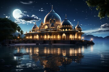 Obraz premium Ramadan Kareem Pavilion on a Peaceful Beach, with Moonlit Sky, on an isolated Midnight Navy background, Generative AI.jpeg