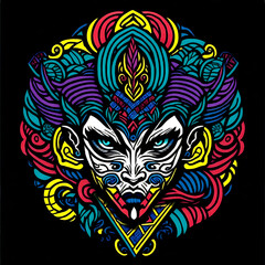 colorful tribal art and folklore illustration on dark backround
