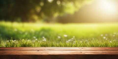 Wooden table with green grass background and sunlight.