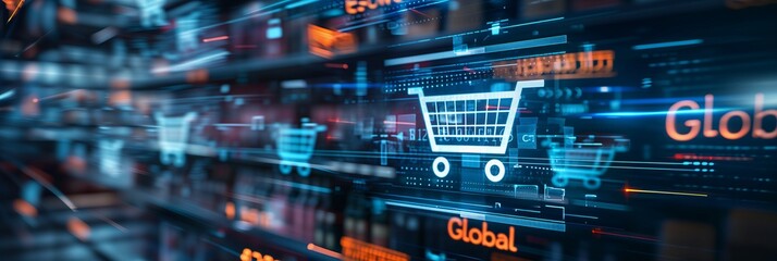 Distribution and logistics concept of global digital internet marketing and business e-commerce banner graphic concept showing global network and social media connection technology. Generative AI