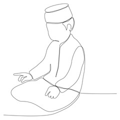 Continuous line drawing of islamic muslim man praying with prostration prostration gesture. Ramadan kareem and eid mubarak greeting card concept. Vector illustration.