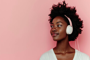 portrait of A beautiful black woman wearing white headphones against a pink pastel background