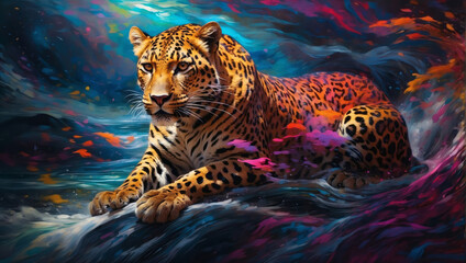 A beautifully designed leopard, adorned with the vibrant hues of the electromagnetic spectrum - obrazy, fototapety, plakaty