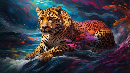 Poster Luipaard A beautifully designed leopard, adorned with the vibrant hues of the electromagnetic spectrum