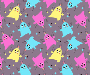 seamless pattern Cute kawaii cartoon pink monster baby character. Happy Halloween. Flat cartoon vector illustration. Kids print.
