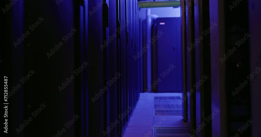 Poster Dark, server room and neon light for information technology, cyber security or data protection with backup. System, machine and hardware in basement for hacking or data center engineering at night