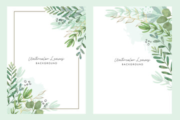Abstract watercolor floral frame background vector. Watercolor invitation design with leaves, flower , gold geometric frame and watercolor brush strokes. Vector illustration.