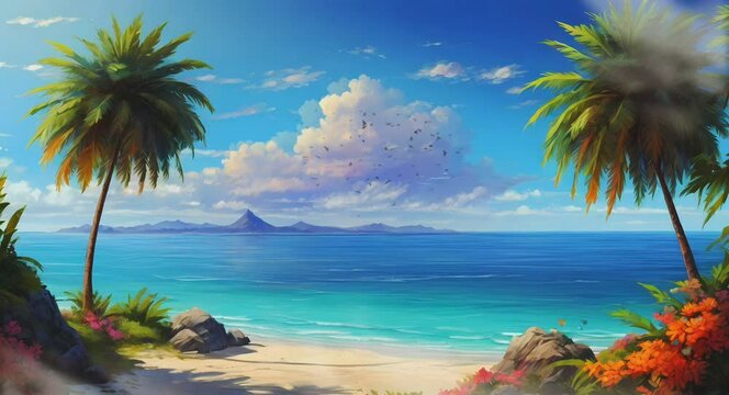 view of sea with clear sky and palm tree .anime watercolor digital painting illustration style. seamless looping video animation background.