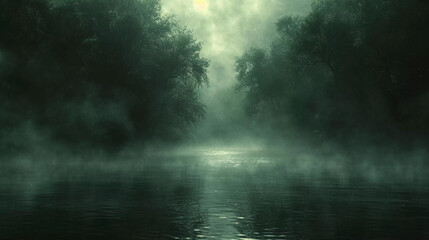 Dark horror background with mysterious red moon or circle over a foggy swamp - obrazy, fototapety, plakaty