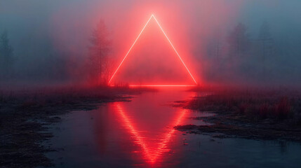 Dark horror background with mysterious red prism over a foggy swamp