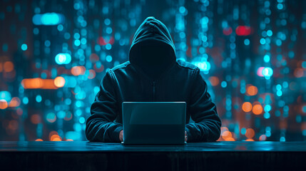 In a digital underworld, a hooded hacker navigates a dark interface. Spy anonymity, fraud security, and a laptop silhouette converge in a captivating vector illustration. - obrazy, fototapety, plakaty