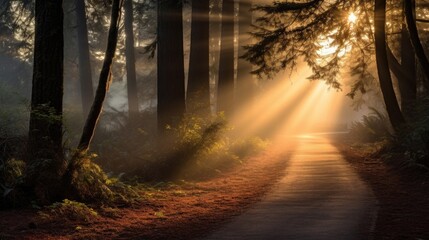 Obraz premium As the sun struggles to break through the fog, it creates a beautiful display of light and shadows along the nature path.