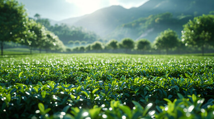 Young green tea buds growing in the tea garden in spring - obrazy, fototapety, plakaty