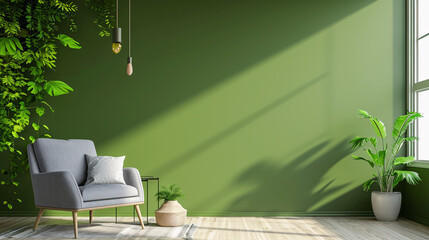Stylish modern living room with an armchair on dark green wall background, 3D rendering concept illustration