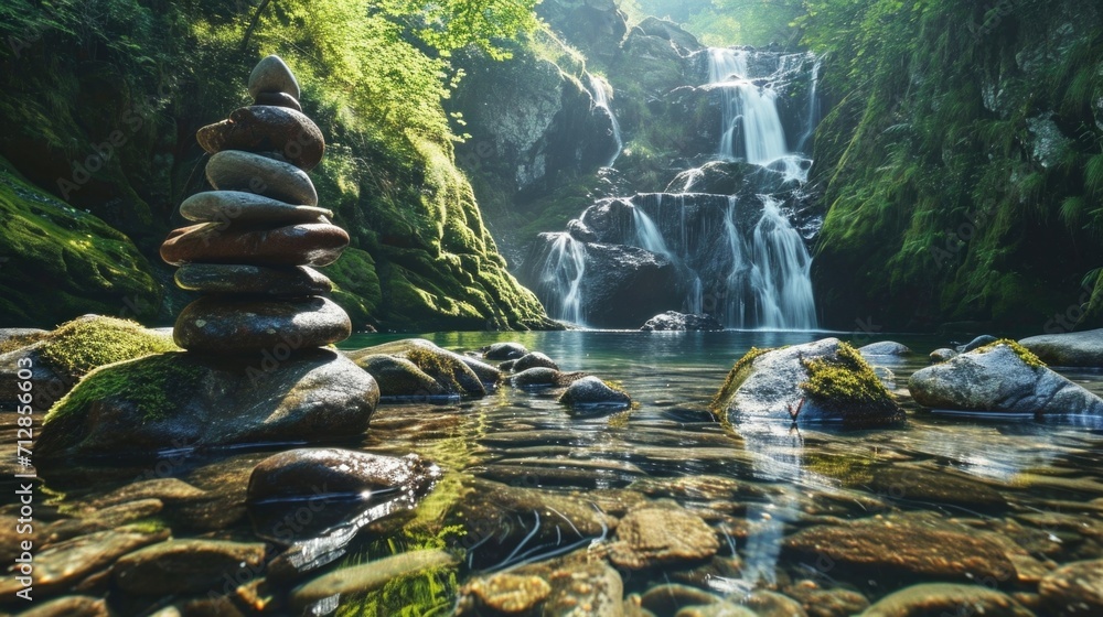 Poster finding inner calm and balance by a tranquil waterfall, using the flow of water as a reminder to tak