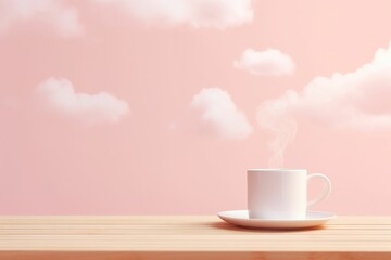 Cup of hot coffee on pink background with clouds, coffee creative advertising, cafe wallpaper, cafe advertising, cafe menu