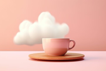 Fototapeta na wymiar Cup of hot coffee on pink background with clouds, coffee creative advertising, cafe wallpaper, cafe advertising, cafe menu