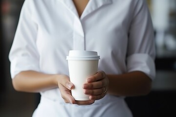 Faceless woman holding coffee cup in hand, passing coffee to you, person buying you coffee, cafe background, cafe advertising, cafe recruitment
