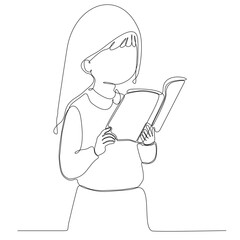 continuous line drawing of focused woman reading an interesting book