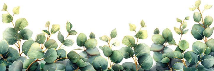 Eucalyptus leaves border in shades of green and teal, isolated on transparent or white background, conveying a calm, refreshing atmosphere