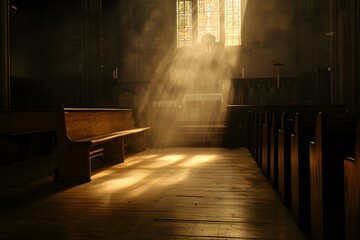 An empty church interior bathed in sunlight streaming through stained-glass windows