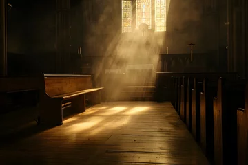 Foto op Canvas An empty church interior bathed in sunlight streaming through stained-glass windows © Rax Qiu