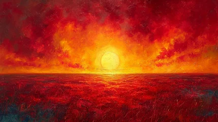  A fiery landscape of reds, oranges, and yellows, evoking the essence of a blazing sunset. The colors blend seamlessly, forming a warm, abstract spectacle reminiscent of an otherworldly inferno. © MalikAbdul