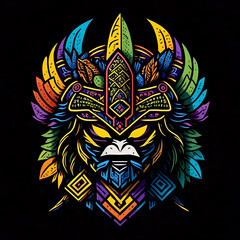 colorful tribal art and folklore illustration on dark backround