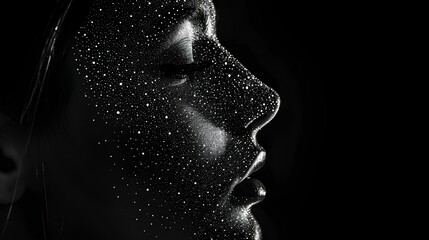 Fototapeta premium Silhouette of a stunningly beautiful profile of young lady made of very tiny dot's. generative AI