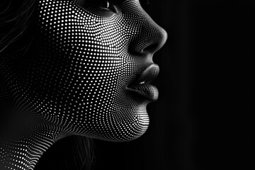 Silhouette of a stunningly beautiful profile of young lady made of very tiny dot's. generative AI