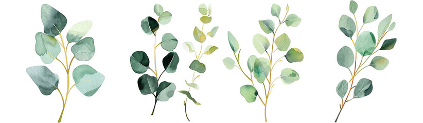 Eucalyptus branches with varying leaf arrangements, isolated on a white background