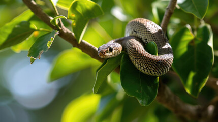 Closeup of a small s coiled around a branch its head peeking out in between the leaves as it continues its journey through the winding path
