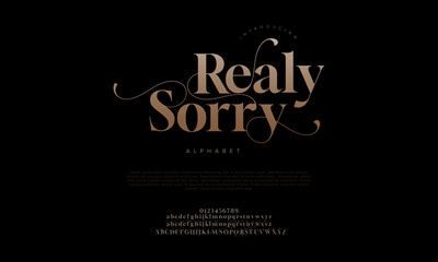 Reallysorry premium luxury elegant alphabet letters and numbers. Elegant wedding typography classic serif font decorative vintage retro. Creative vector illustration