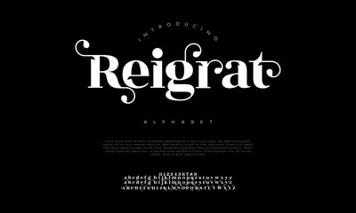Reigrat premium luxury elegant alphabet letters and numbers. Elegant wedding typography classic serif font decorative vintage retro. Creative vector illustration