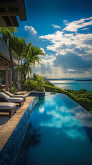 day lights Photograph an opulent villa escape: infinity pool vistas, panoramic landscapes, lavish interiors, elite amenities, secluded indulgence, sumptuous luxury, ultimate relaxation sanctuaries,