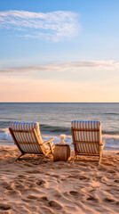 Fototapeta na wymiar Seaside Relaxation, Soft light, Leading lines, Tranquility, Lounge chair, Couples retreat